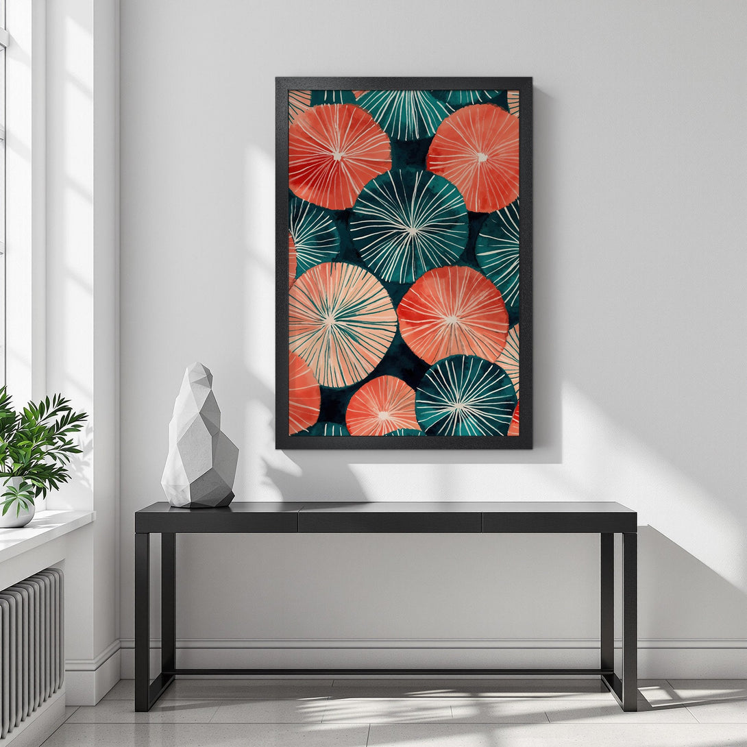 Framed Poster featuring abstract art with teal, coral, and white circular designs. Modern art style, perfect for home decor.