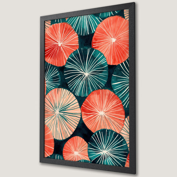 Framed Poster featuring abstract floral design in teal, coral, & white. Modern art print for home decor.