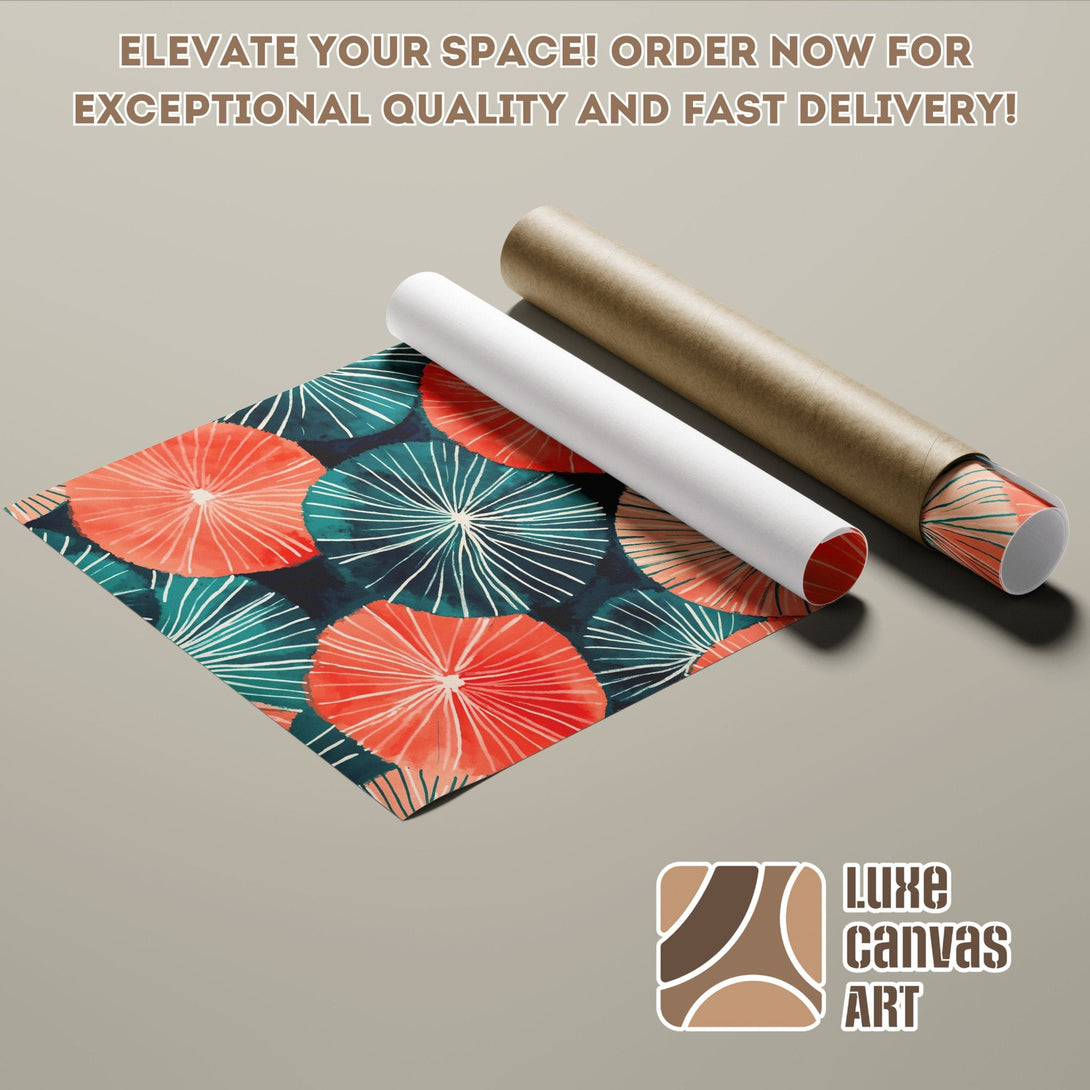 Abstract floral Poster Roll in teal, orange, and white. Elevate your space!