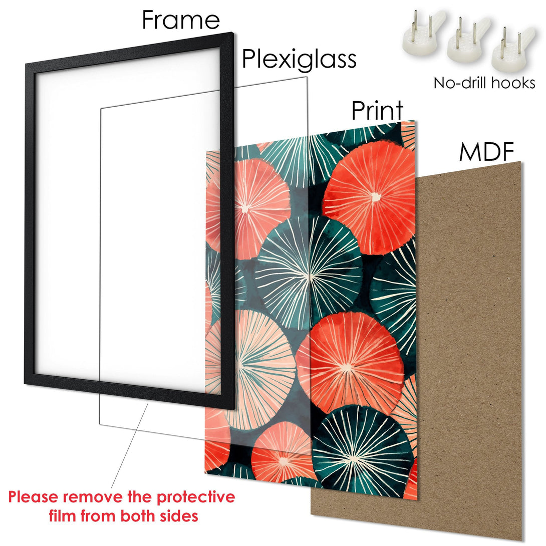 Framed Poster with abstract floral art in coral, teal, and navy. Modern wall decor.