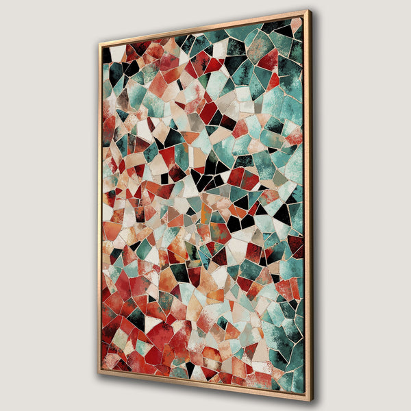 Framed Wall Art featuring a mosaic-style abstract design in a vibrant palette of red, teal, and gold. Perfect for adding a pop of color to any space!