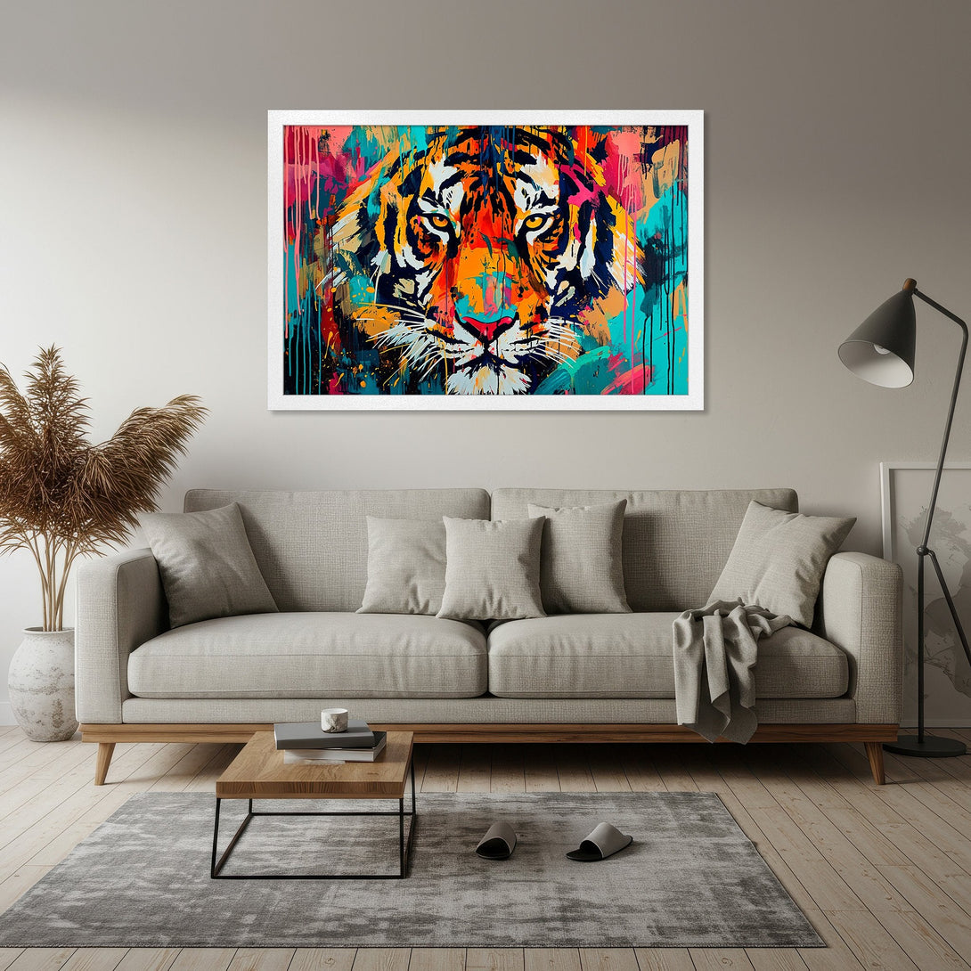 Framed Poster of a tiger in vibrant abstract style with a colorful palette of orange, blue, and pink. Perfect wall art!