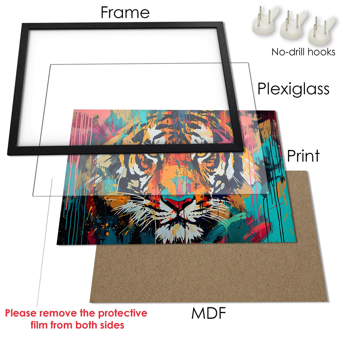 Framed Poster featuring a vibrant tiger art print. Modern, colorful abstract style with a bold orange, teal, and red palette. Ready to hang!