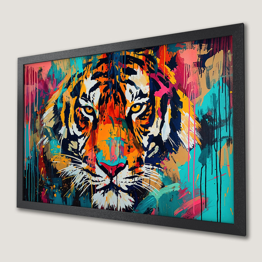 Framed Poster of a vibrant tiger portrait, abstract style, featuring a colorful palette of orange, blue, and pink.