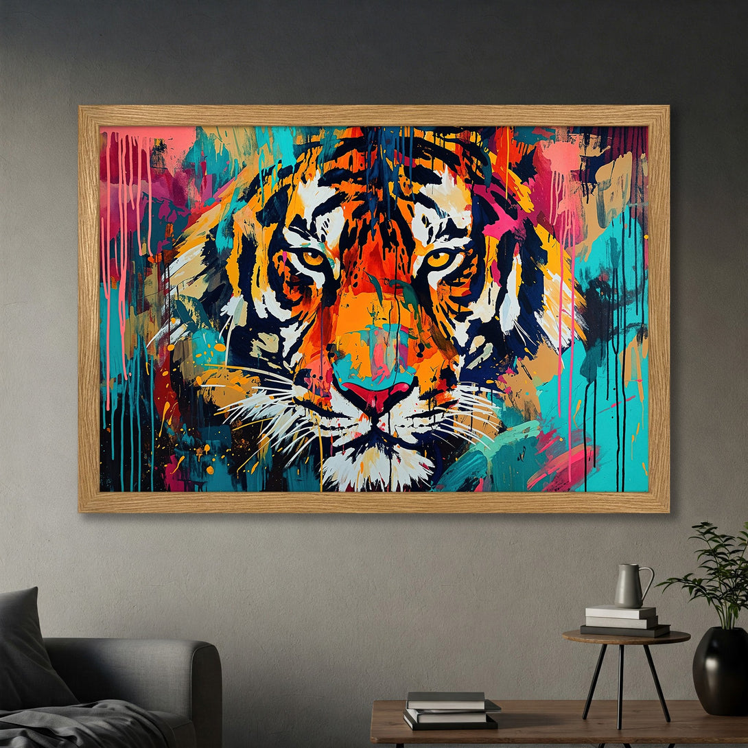 Framed Poster featuring a vibrant tiger portrait in abstract style with a colorful palette. Add a bold statement to your space!