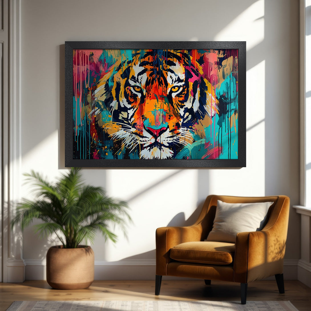 Framed Poster featuring a vibrant tiger artwork in abstract style with a colorful palette of orange, teal, and pink. Perfect wall decor!