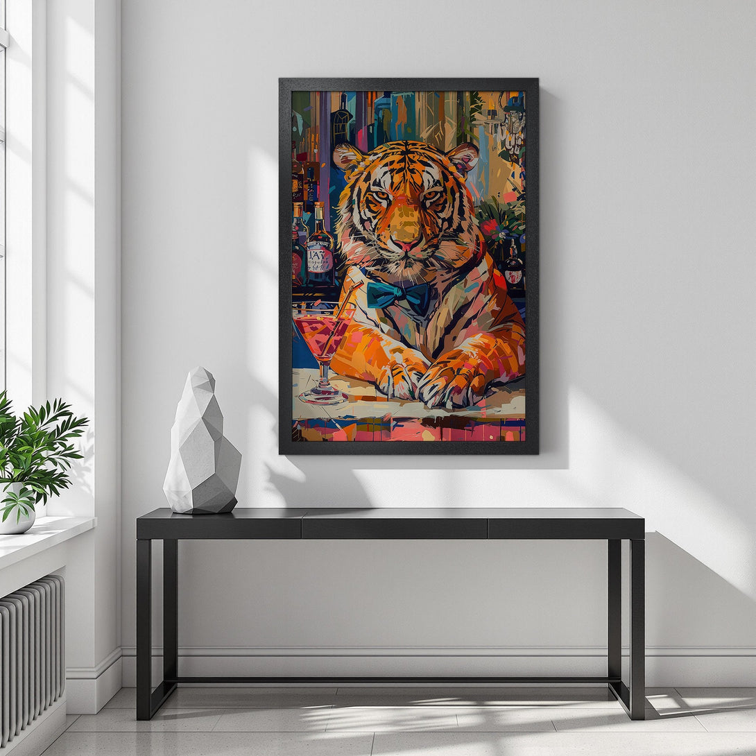 Framed Poster of a tiger in a bar, vibrant pop art style, orange and blue color palette, perfect wall art.
