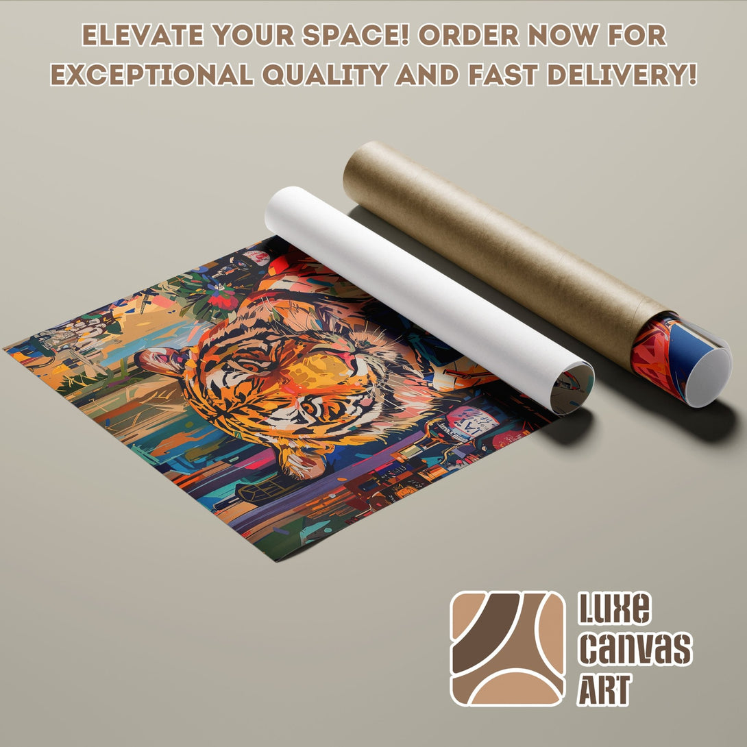 Tiger Poster Roll, vibrant pop art style, featuring a colorful palette of orange, blue, and green. Elevate your space!