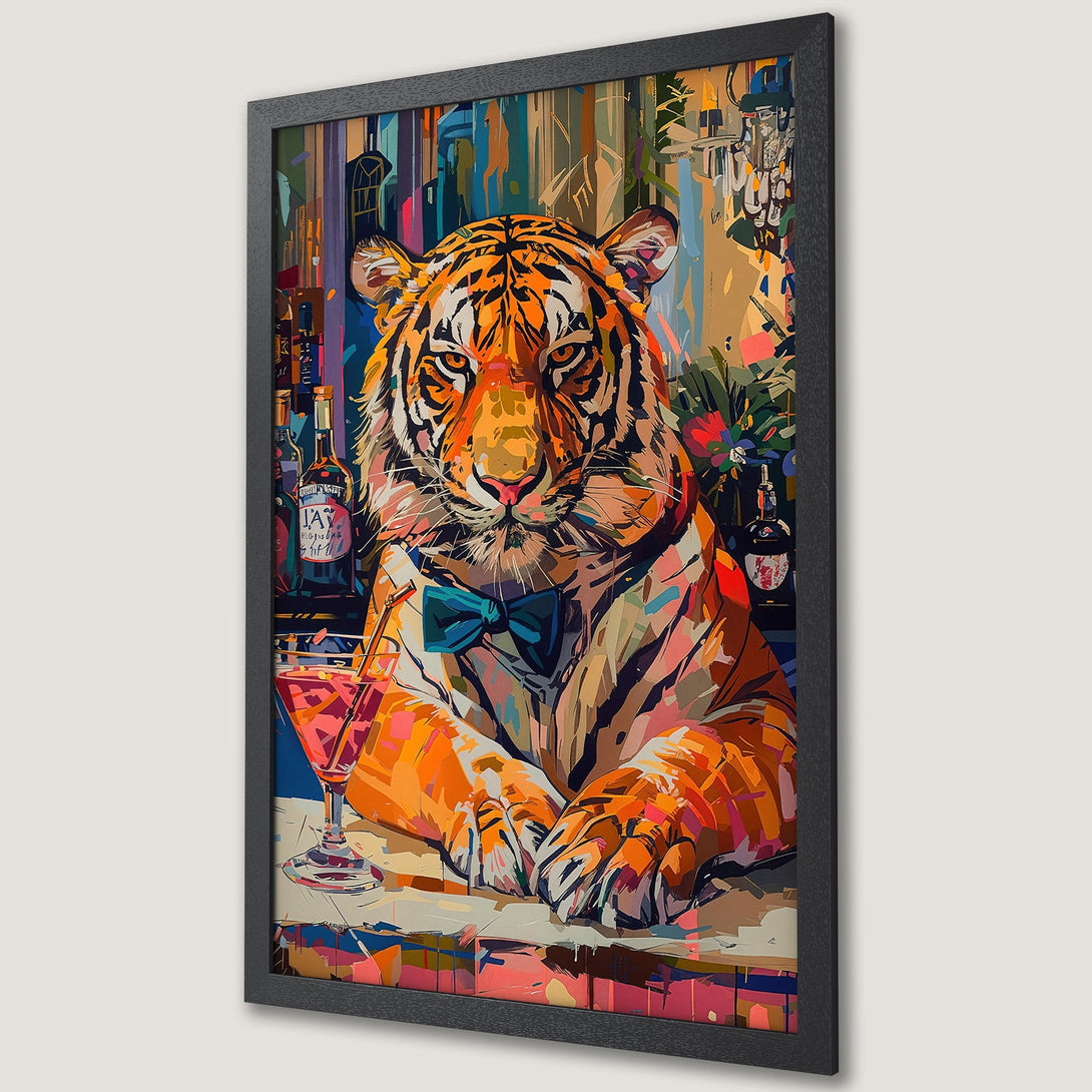 Framed Poster featuring a dapper tiger in a colorful, abstract style. Vibrant orange, blue, and pink palette, perfect wall art for a bold statement.