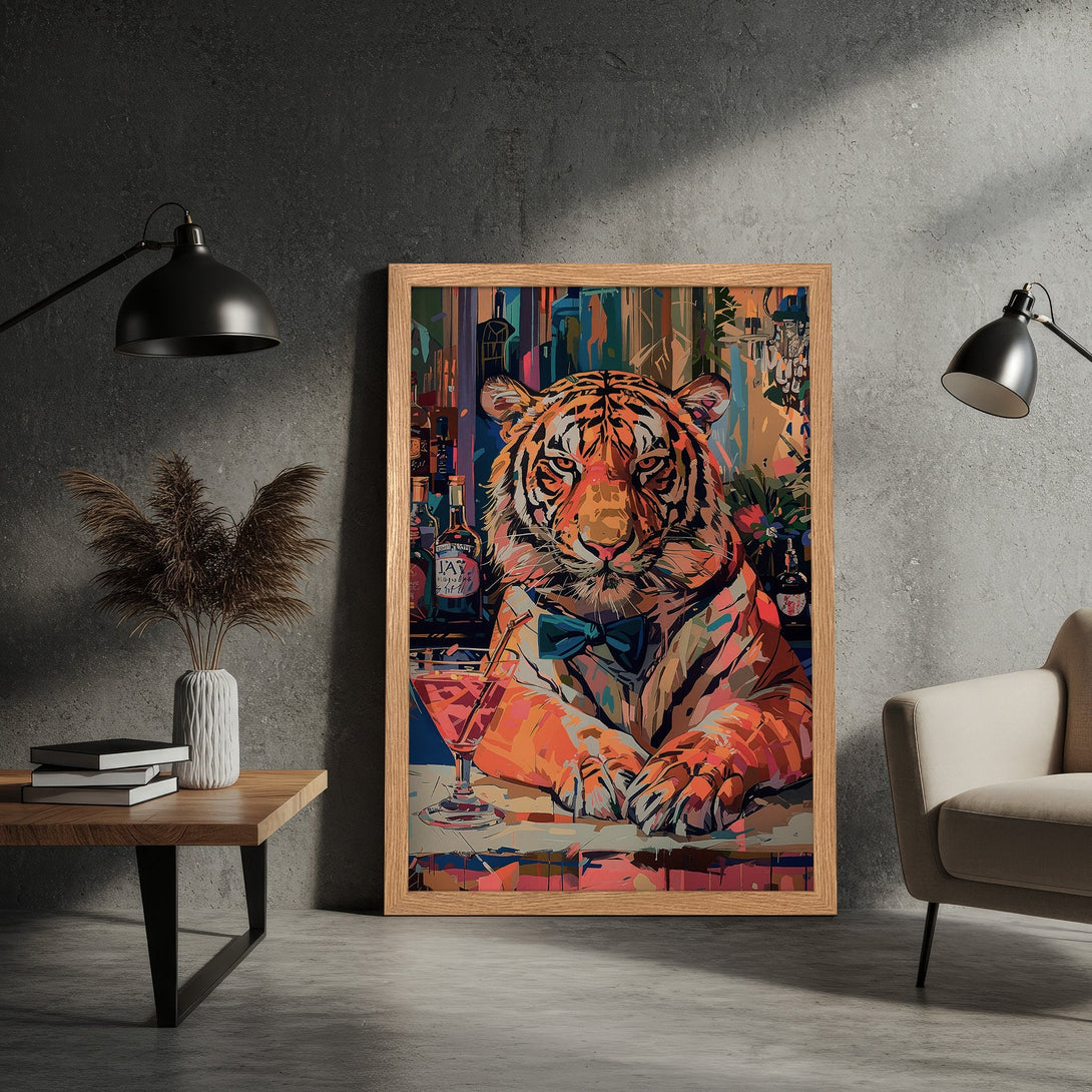 Framed Poster of a tiger in a bar, pop art style, vibrant orange and blue color palette. Add a touch of wild elegance to your space!