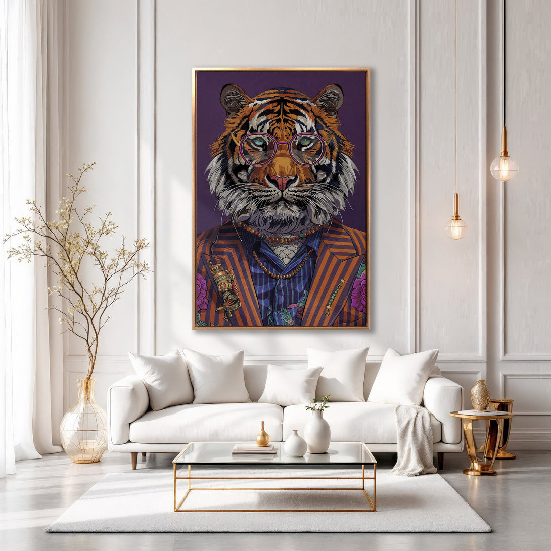 Framed Wall Art: Stylish tiger portrait in a modern interior. Features a vibrant orange, purple, and blue color palette for a bold statement.