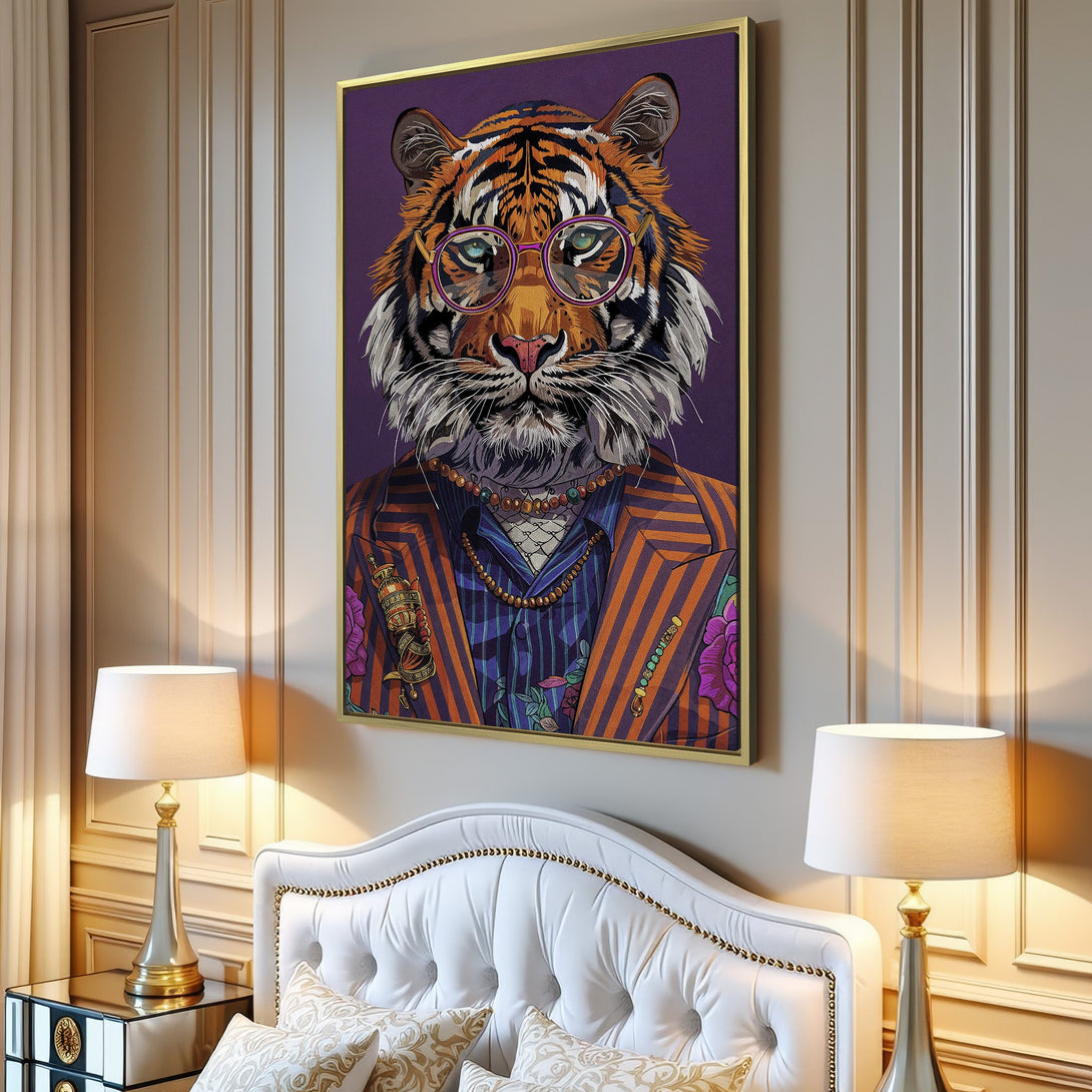 Canvas Print featuring a dapper tiger in a suit, vibrant colors, and a purple background. Perfect for adding personality to your space!