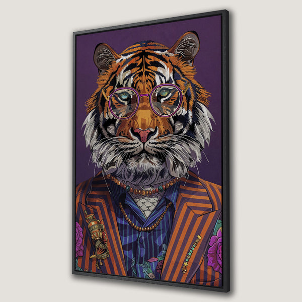 Framed Wall Art featuring a dapper tiger in a colorful, illustrative style. Orange, purple, and blue tones create a bold, eye-catching canvas print.