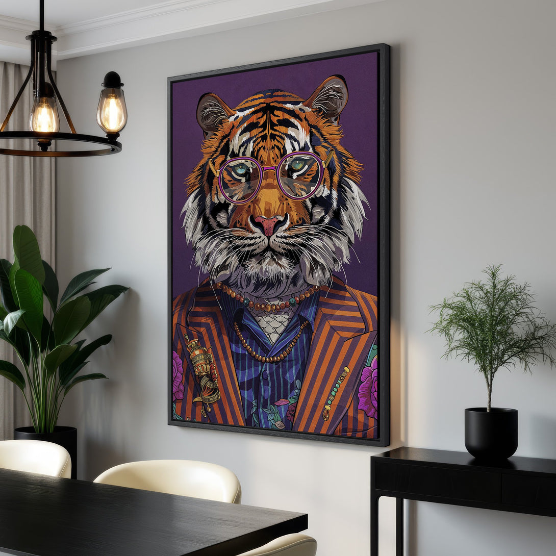 Framed Wall Art: Stylish tiger portrait in a vibrant, modern style with a purple, orange, and blue color palette. Perfect for adding personality to your home decor!