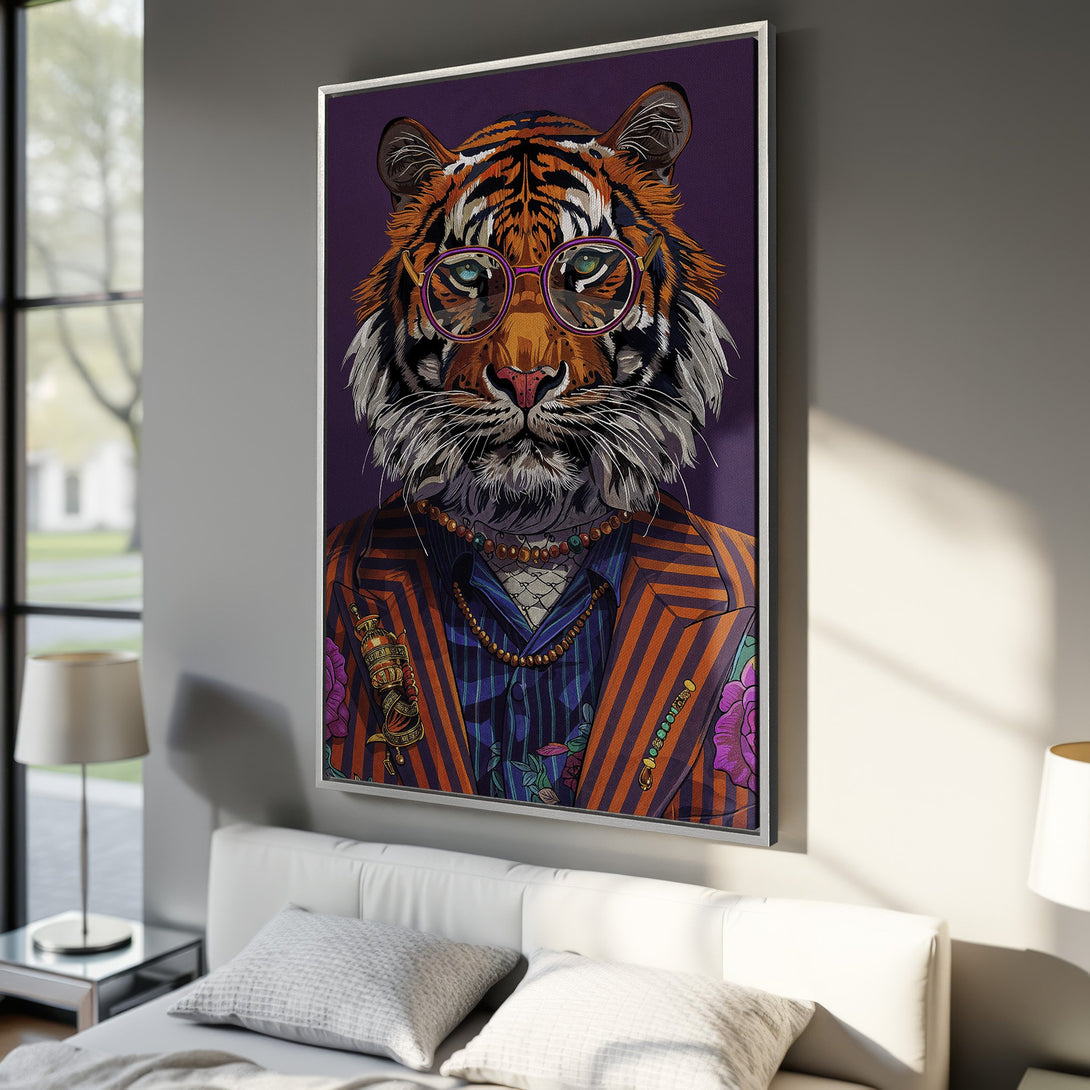 Framed Wall Art featuring a stylish tiger portrait in a colorful, illustrated style. Bold orange, purple, and blue hues create a striking accent piece.