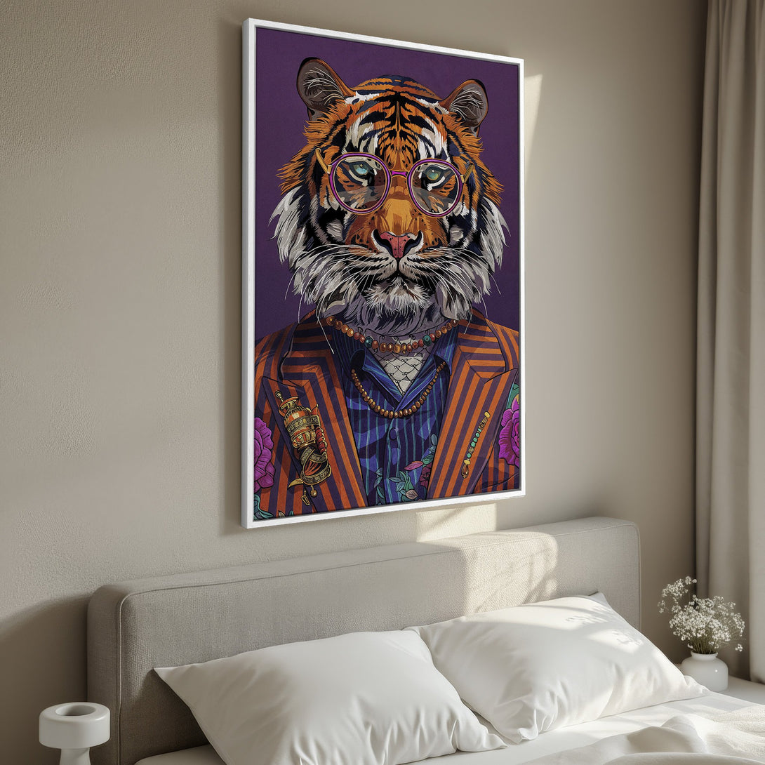 Framed Wall Art featuring a stylish tiger portrait in a colorful, modern art style. Purple, orange, and blue color palette. Perfect for adding personality to any room.