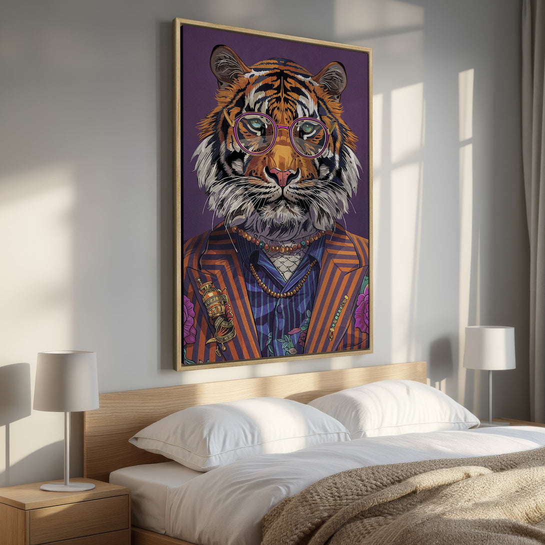 Framed Wall Art: Hipster tiger portrait in a bedroom. Vibrant orange, purple, and blue color palette. Unique and stylish canvas art for your home.