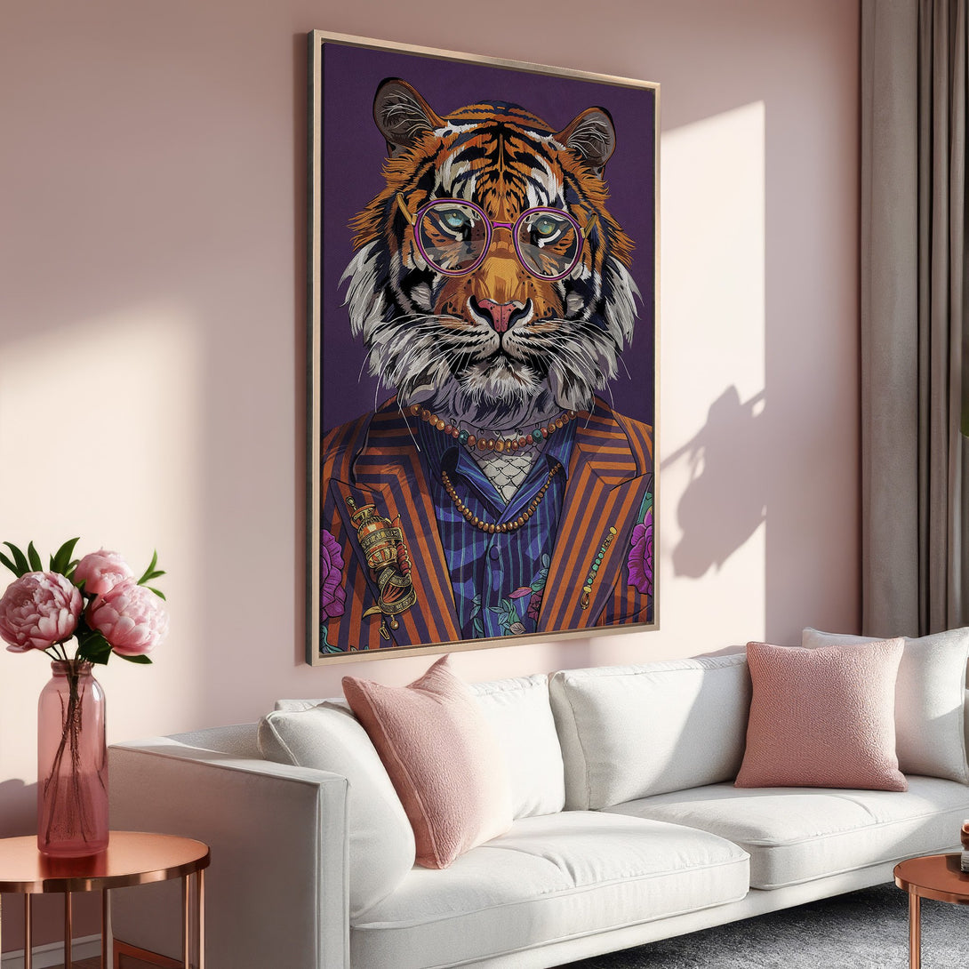 Framed Wall Art: Stylish tiger portrait in a colorful, whimsical style. Orange, purple, and pink color palette. Perfect for adding personality to any room.
