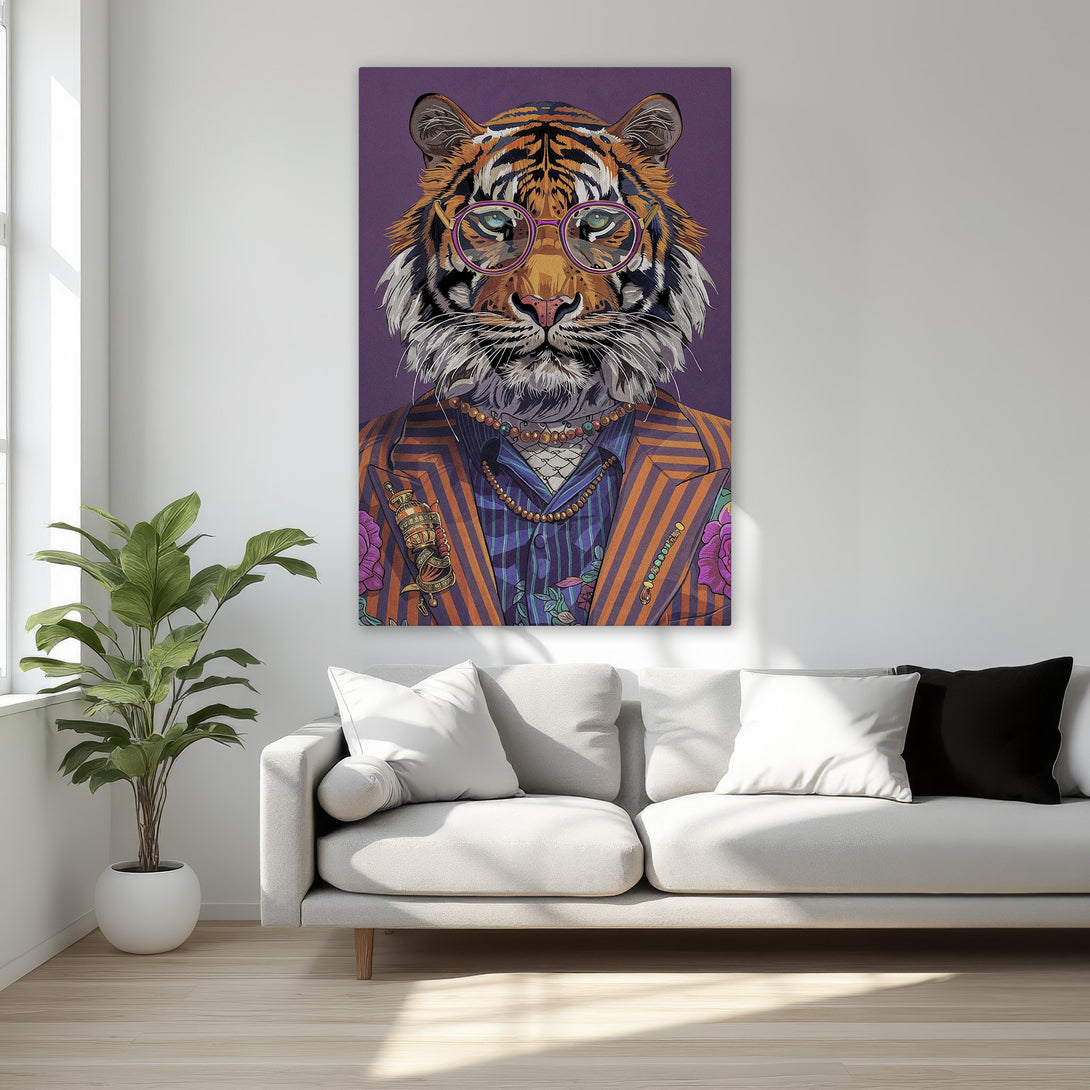 Framed Wall Art: Stylish tiger portrait with glasses, vibrant orange & purple hues. Perfect for adding personality & flair to any room. Shop our unique canvas prints today!