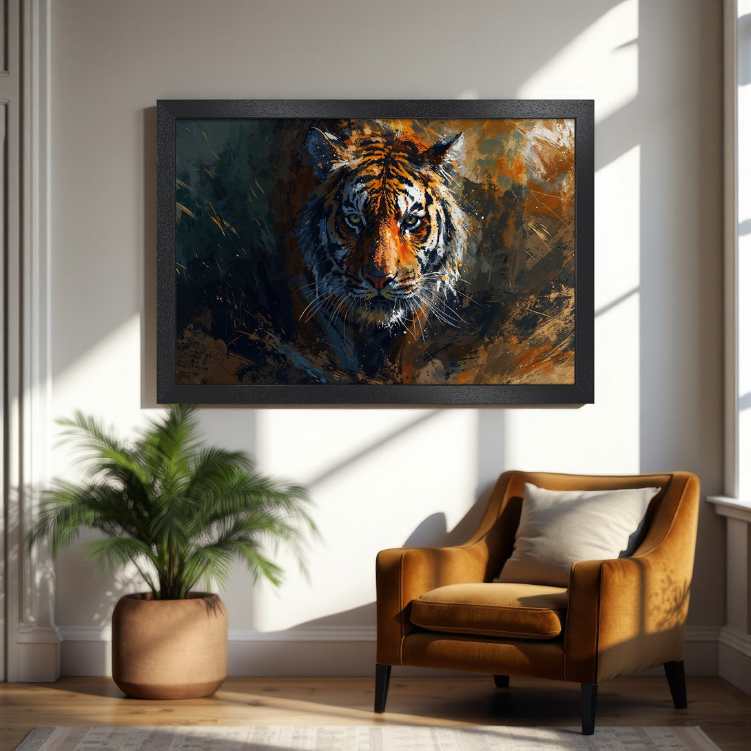 Framed Poster featuring a majestic tiger in an abstract, painterly style. Warm orange, brown, and black color palette. Perfect wall art!