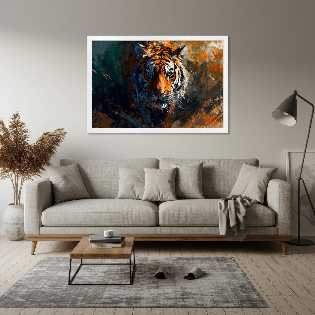 Framed Poster featuring a tiger in an abstract style with orange, teal, and brown tones. Add a bold statement to your space!