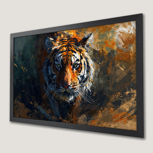 Framed Poster of a majestic tiger with an expressive, abstract style. Earthy tones of orange, brown, and black create a striking visual.