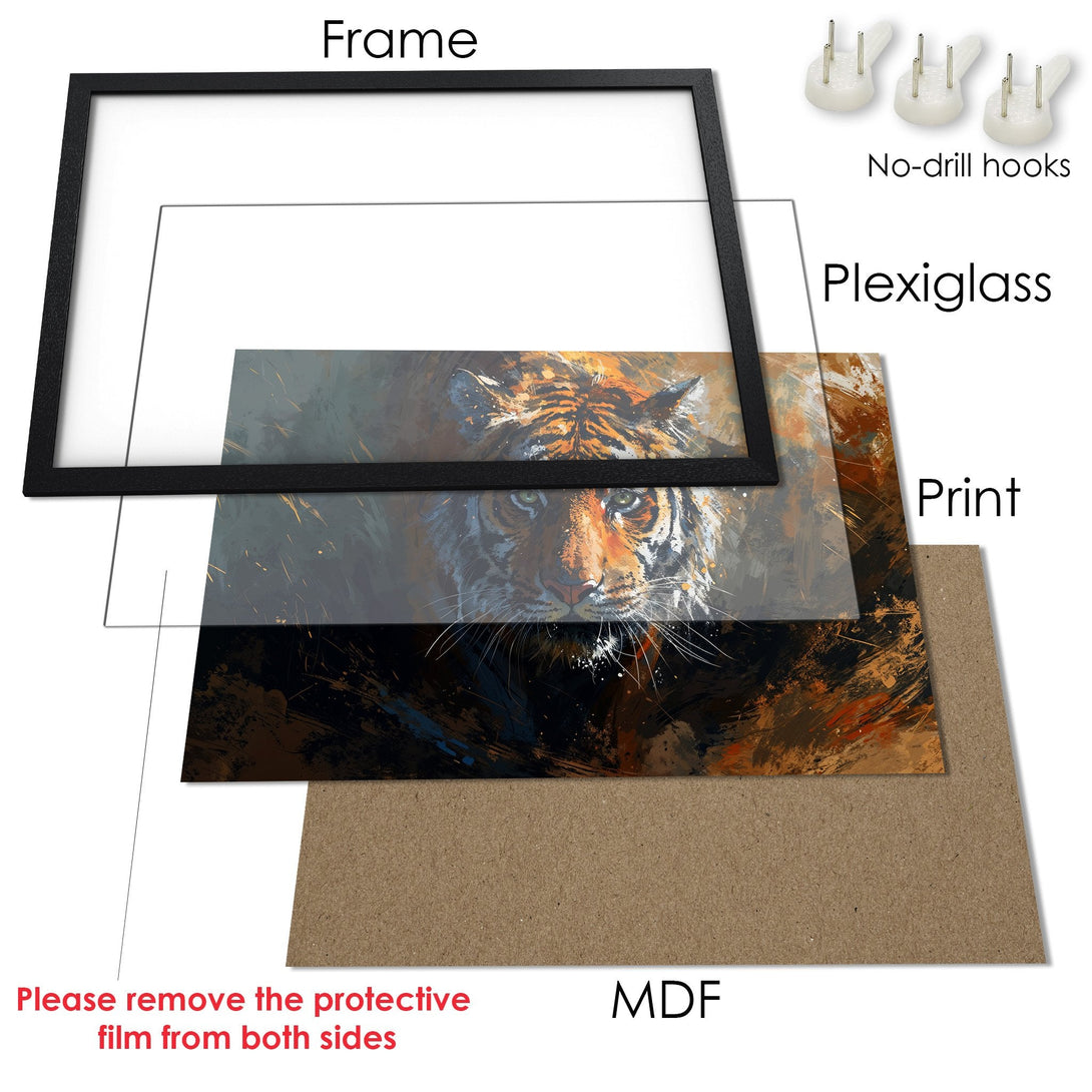 Framed Poster of a tiger in an abstract style with a warm, earthy color palette. Enhance your space with this stunning art piece!