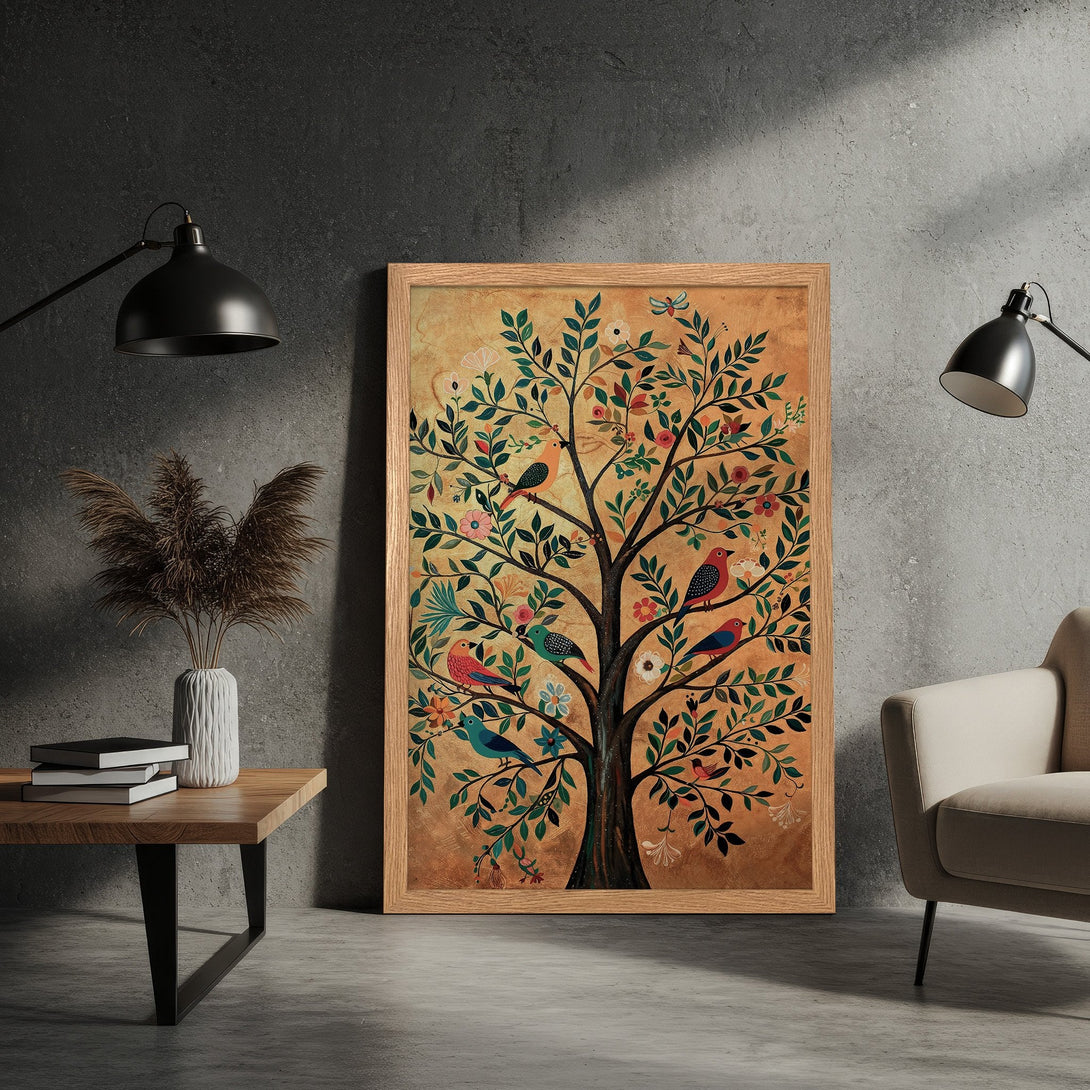 Framed Poster featuring a vibrant tree with birds, in a folk art style. Warm, earthy tones with pops of color. Perfect wall art!