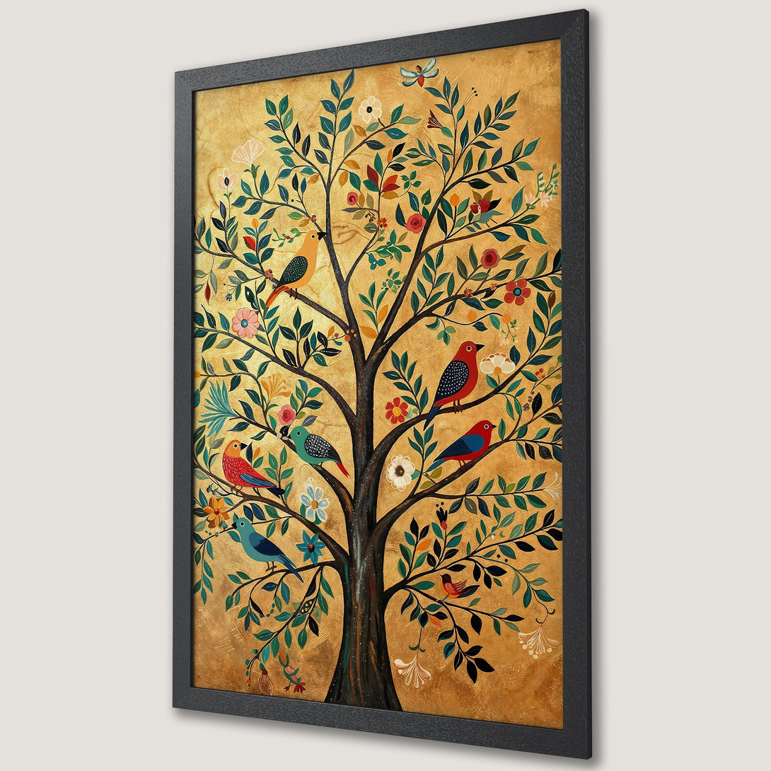 Framed Poster featuring a whimsical tree with colorful birds, flowers, and a gold background. Perfect for adding a touch of nature-inspired art.