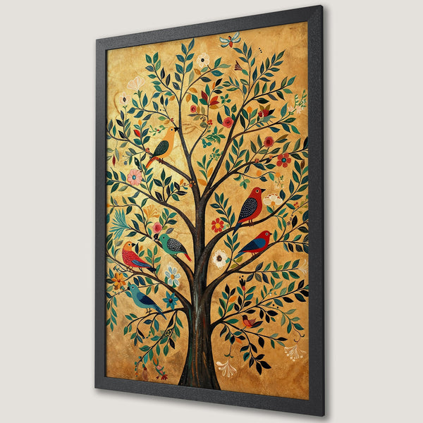 Framed Poster featuring a whimsical tree with colorful birds, flowers, and a gold background. Perfect for adding a touch of nature-inspired art.