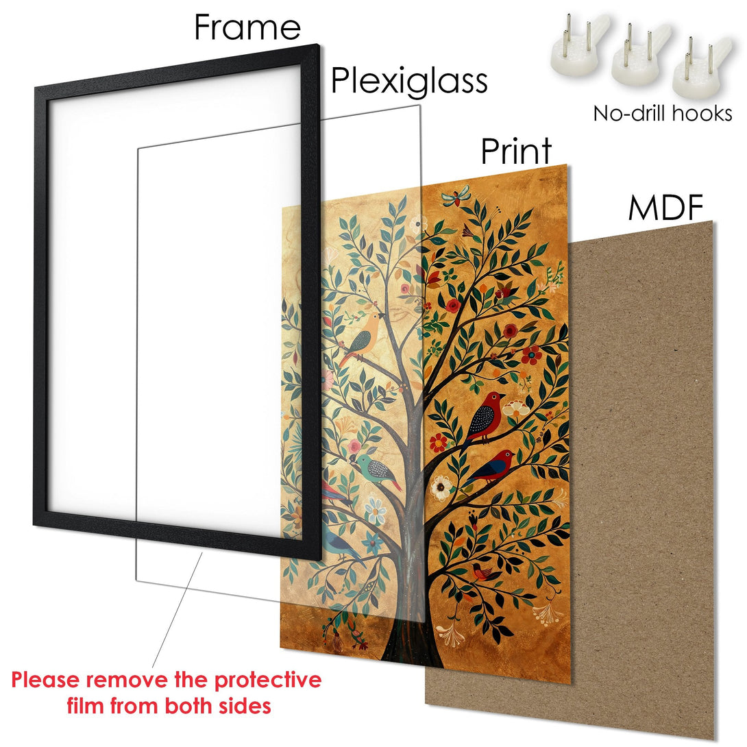 Framed Poster featuring a tree with birds, in a warm, earthy color palette. Perfect wall art for any room.