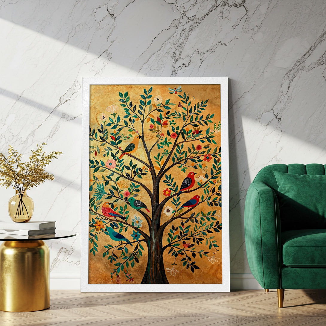 Framed Poster featuring a vibrant tree with birds, in a folk art style with a gold, green, and red color palette.