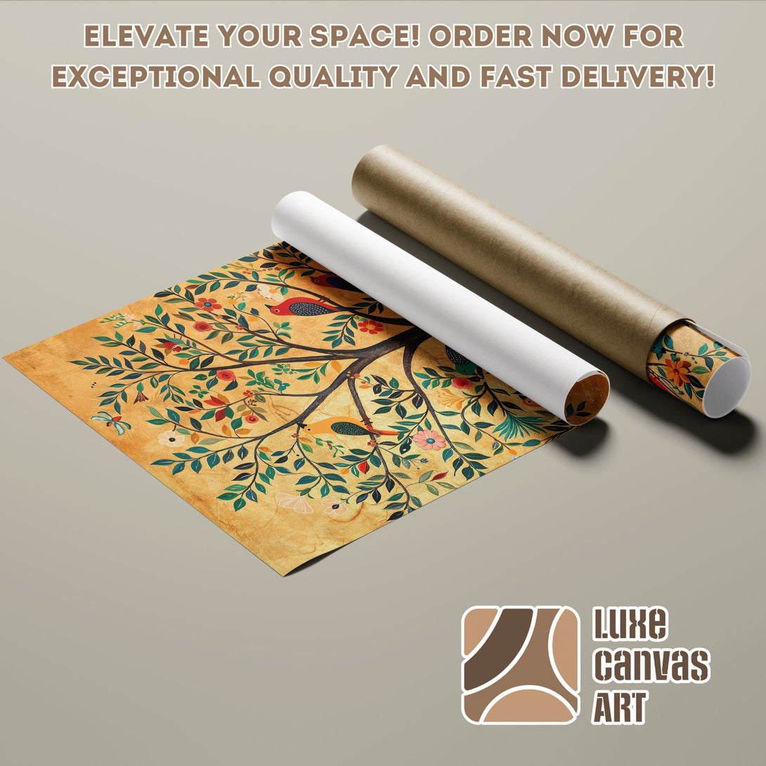 Poster Roll featuring a vibrant tree design with birds, warm earthy tones. Elevate your space with this art print!