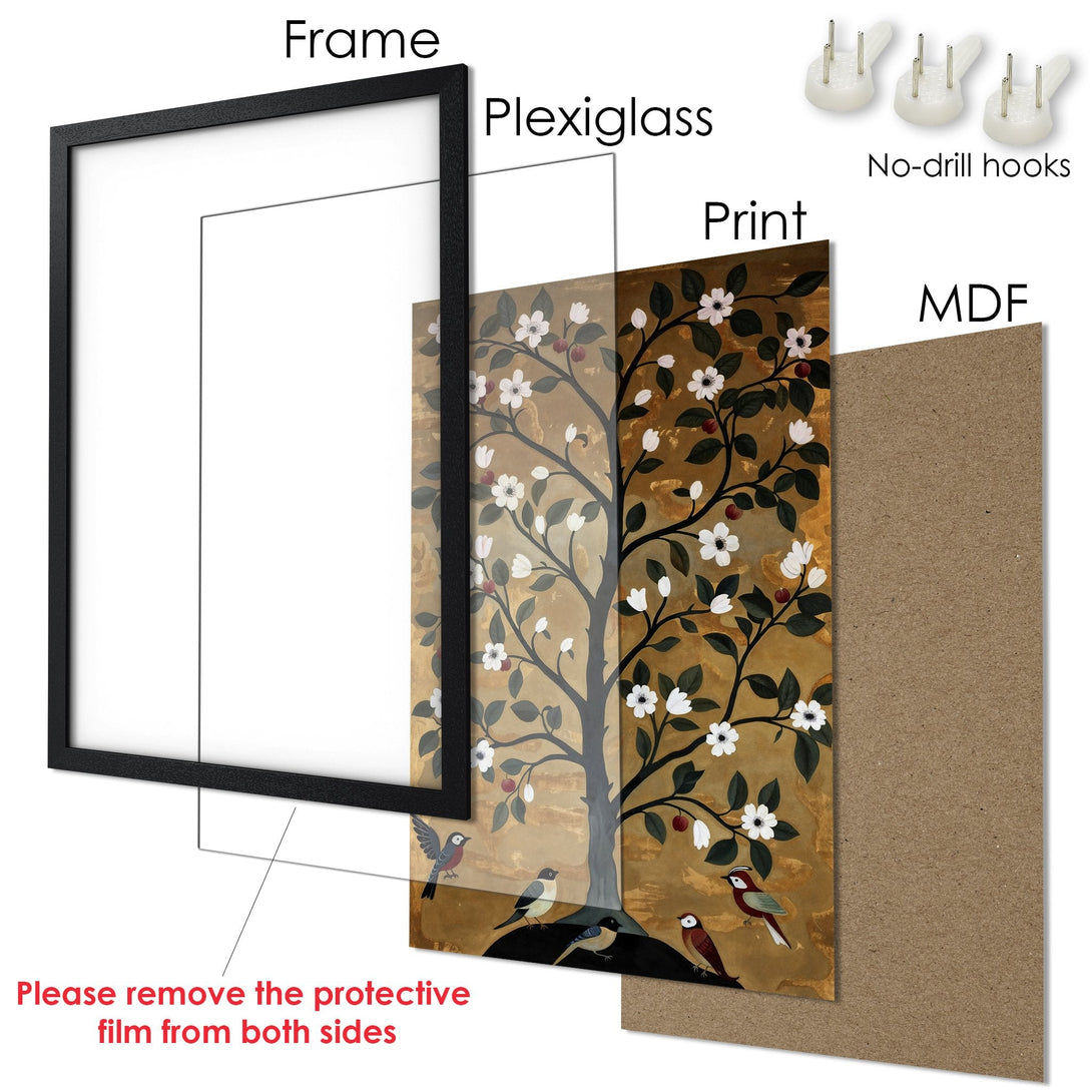 Framed Poster featuring a stylized tree with birds, in a warm gold and green palette. Perfect wall art for any room!