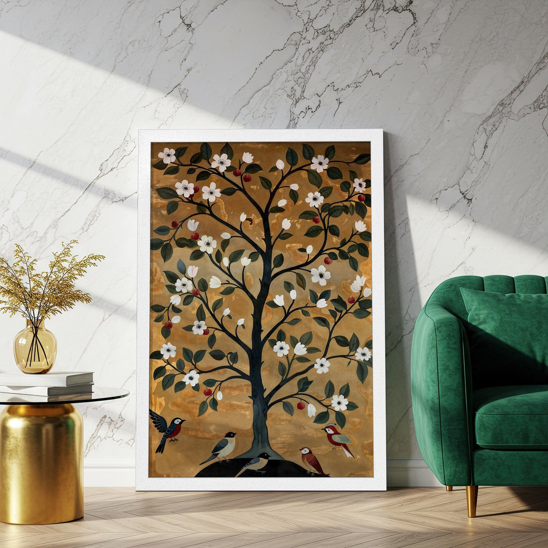Framed Poster featuring a stylized tree with birds, in an earthy color palette with pops of red and green. Perfect wall art!