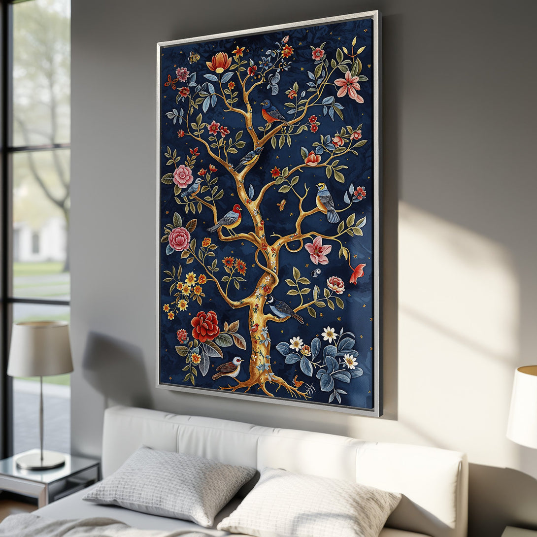 Framed Wall Art featuring a vibrant floral tree design with birds, set against a deep blue background. A beautiful piece with a warm, colorful palette.