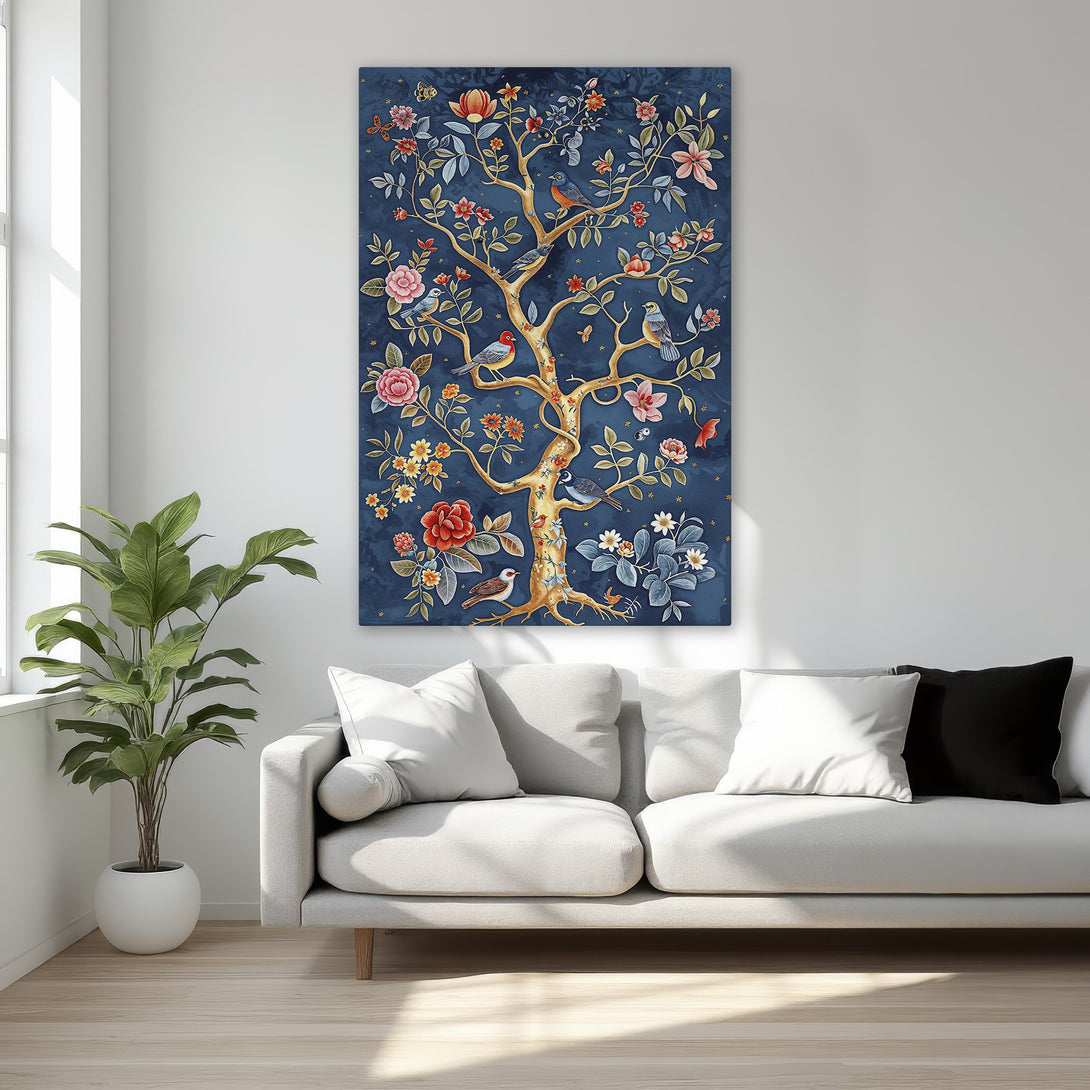 Framed Wall Art featuring a vibrant floral tree design on a dark blue background. A beautiful, classic style with a rich color palette for any room.