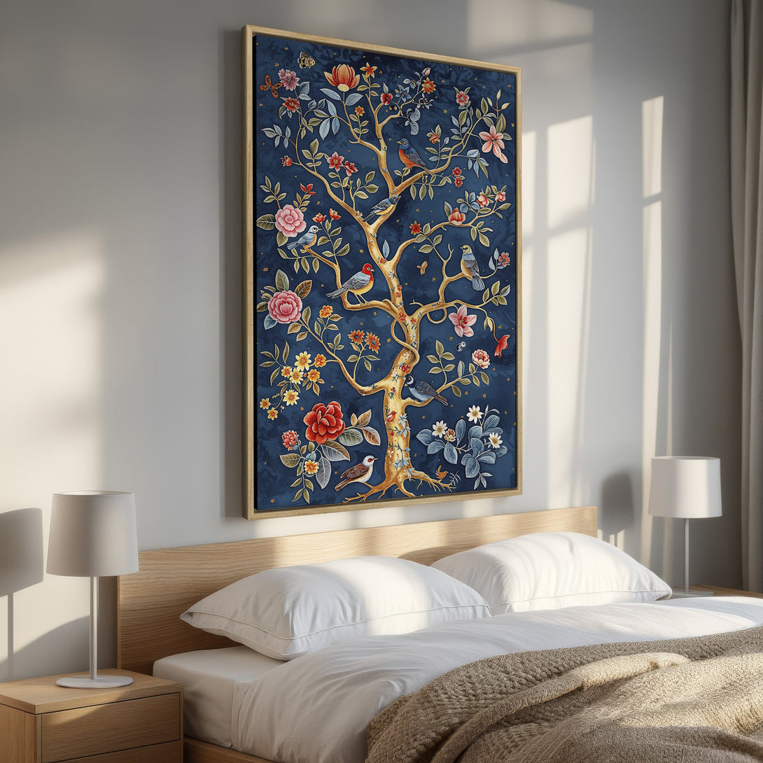 Framed Wall Art: Elegant tree of life canvas print with birds and flowers. Rich blue background, gold accents, and a touch of pink and red. Perfect bedroom decor!