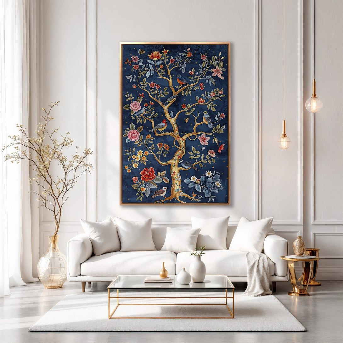 Framed Wall Art: Elegant tree with birds and flowers in a navy blue and gold color palette, perfect for adding a touch of sophistication to your living room.
