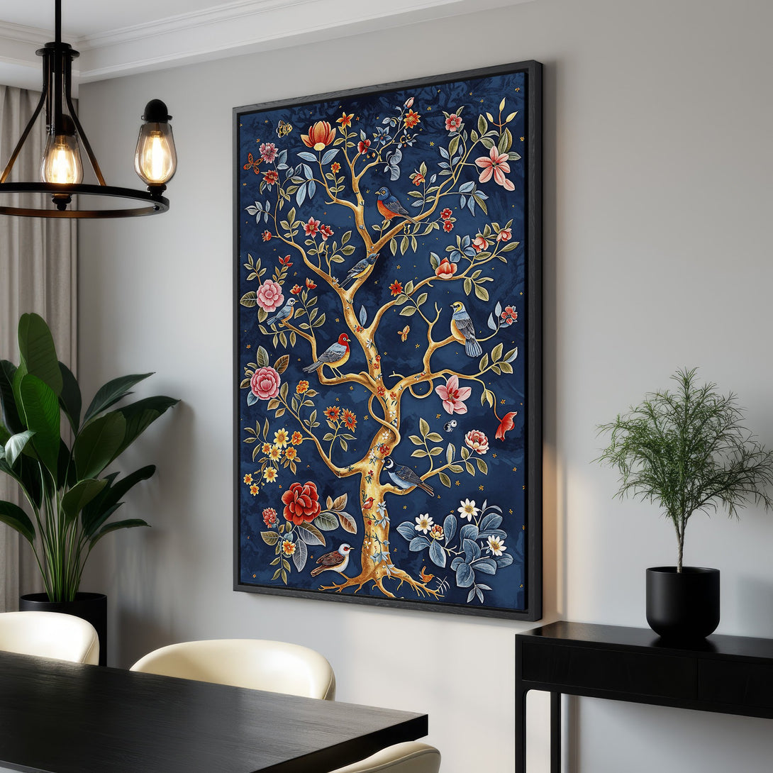 Framed Wall Art featuring a vibrant tree of life design with birds and flowers. Rich blue background with gold, red, and pink accents. Perfect for adding elegance to any room.