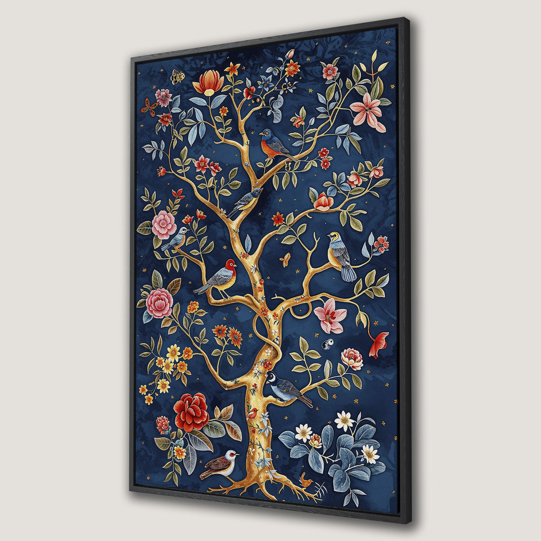 Framed Wall Art featuring a whimsical tree with birds and flowers in a rich blue, gold, and red color palette. Perfect for adding elegance to your home.