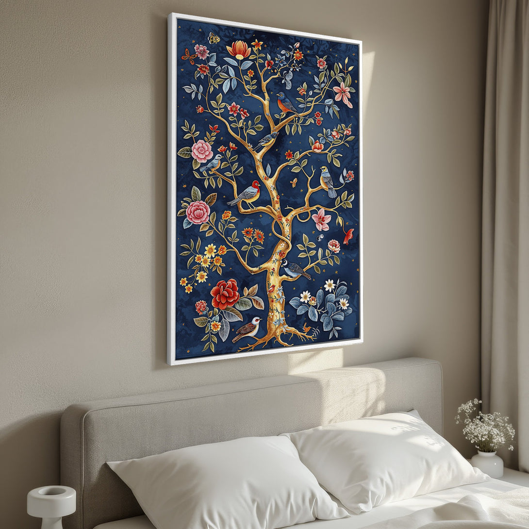 Framed Wall Art Canvas Print featuring a vibrant tree with birds, flowers, and a rich blue background. Adds a touch of elegance with its warm color palette.