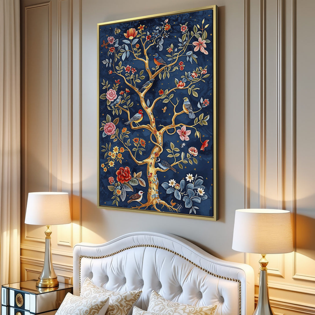 Canvas Print of a tree with birds and flowers, in a vintage style, with a dark blue and warm color palette.
