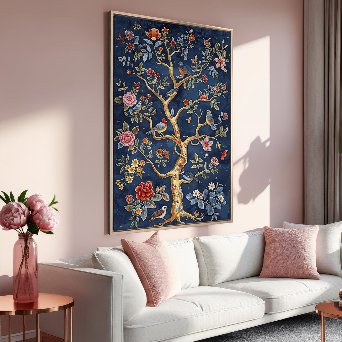 Framed Wall Art: Elegant tree and bird design in a rich blue, gold, and pink color palette. Perfect wall decor for a stylish living room.