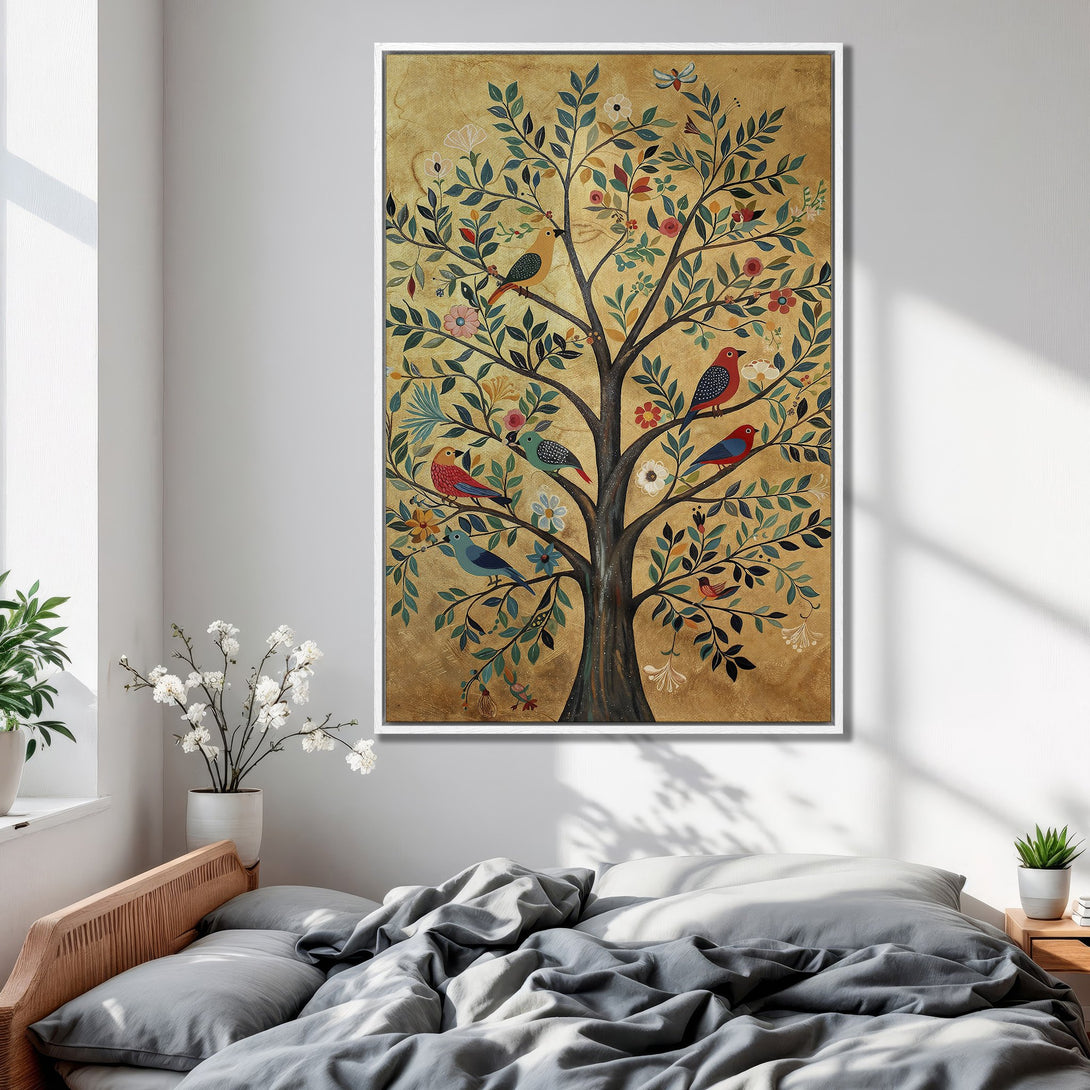 Framed Wall Art: Colorful birds on a whimsical tree, set against a golden backdrop. A vibrant, folk-art style print perfect for bedroom decor.