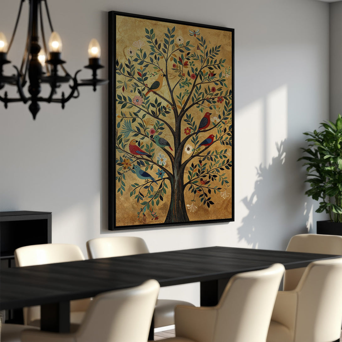 Framed Wall Art: Colorful tree of life Canvas Print with birds. Adds a touch of nature and warmth. Earthy tones with pops of red, blue, and green. Perfect for dining rooms.