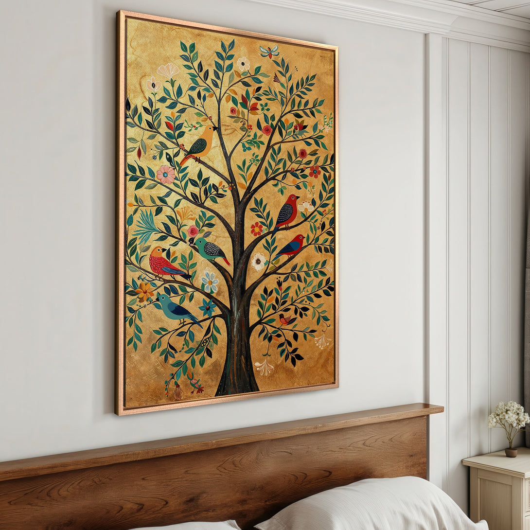 Framed Wall Art: Vibrant tree of life design with birds, in a gold, teal, and red color palette. Perfect for adding a touch of nature to your home.