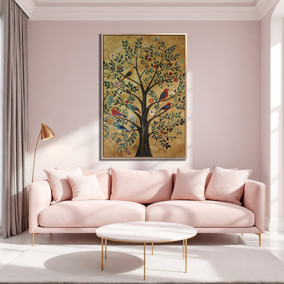 Framed Wall Art: Colorful tree art with birds in a gold frame, adding a touch of nature to a blush pink living room. Modern decor inspiration.