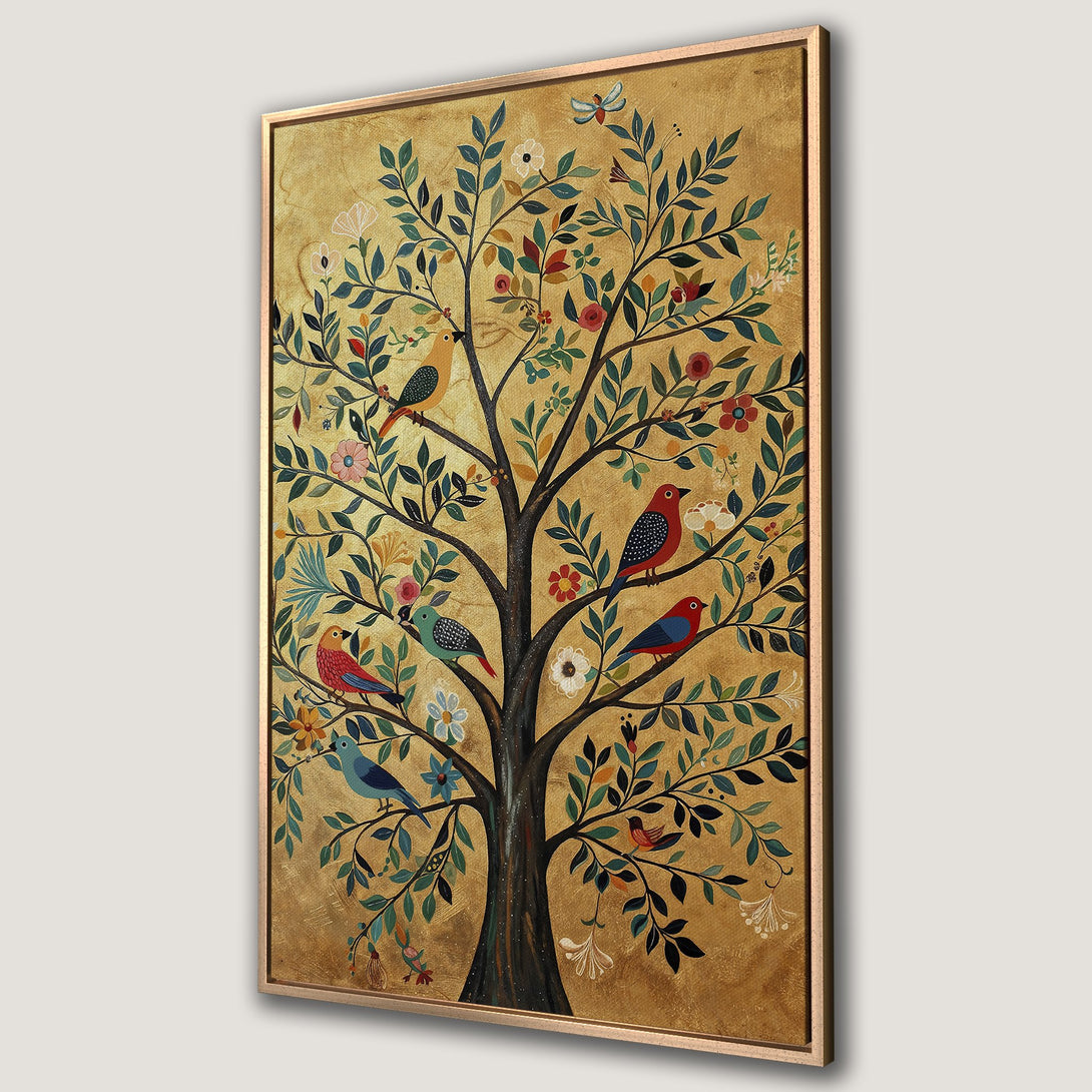 Framed Wall Art featuring a whimsical tree with colorful birds and flowers, set against a gold background. Perfect for adding a touch of nature and art to your home.