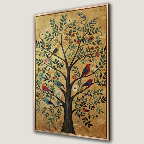 Framed Wall Art featuring a whimsical tree with colorful birds and flowers, set against a gold background. Perfect for adding a touch of nature and art to your home.